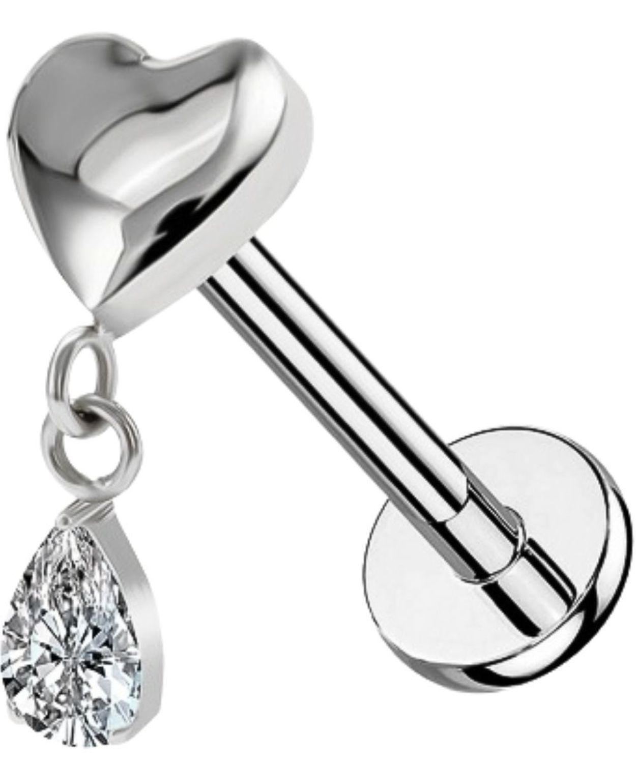 Srebrny Labret Serce z Wiszącą Kryształową Kroplą – Tytan G23 serce.jpg